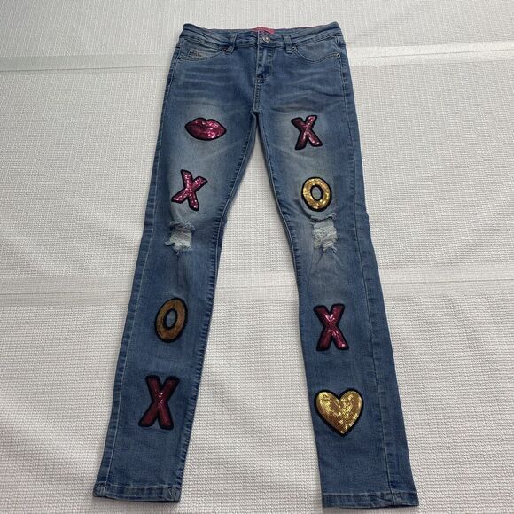 Betsey Johnson Girls 14 XOXO Sequin Embellished Patched Distressed Light Jeans - Picture 2 of 9